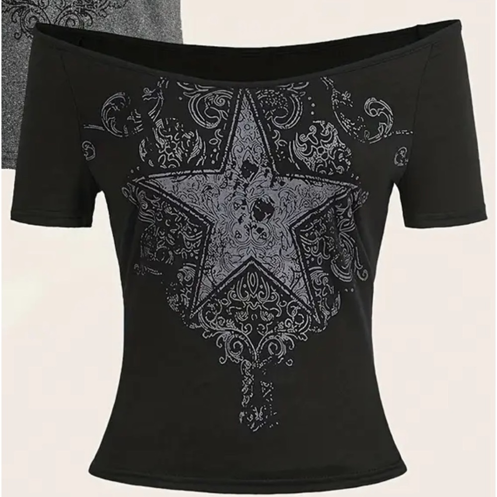 Black Star Print Cold Shoulder T-Shirts